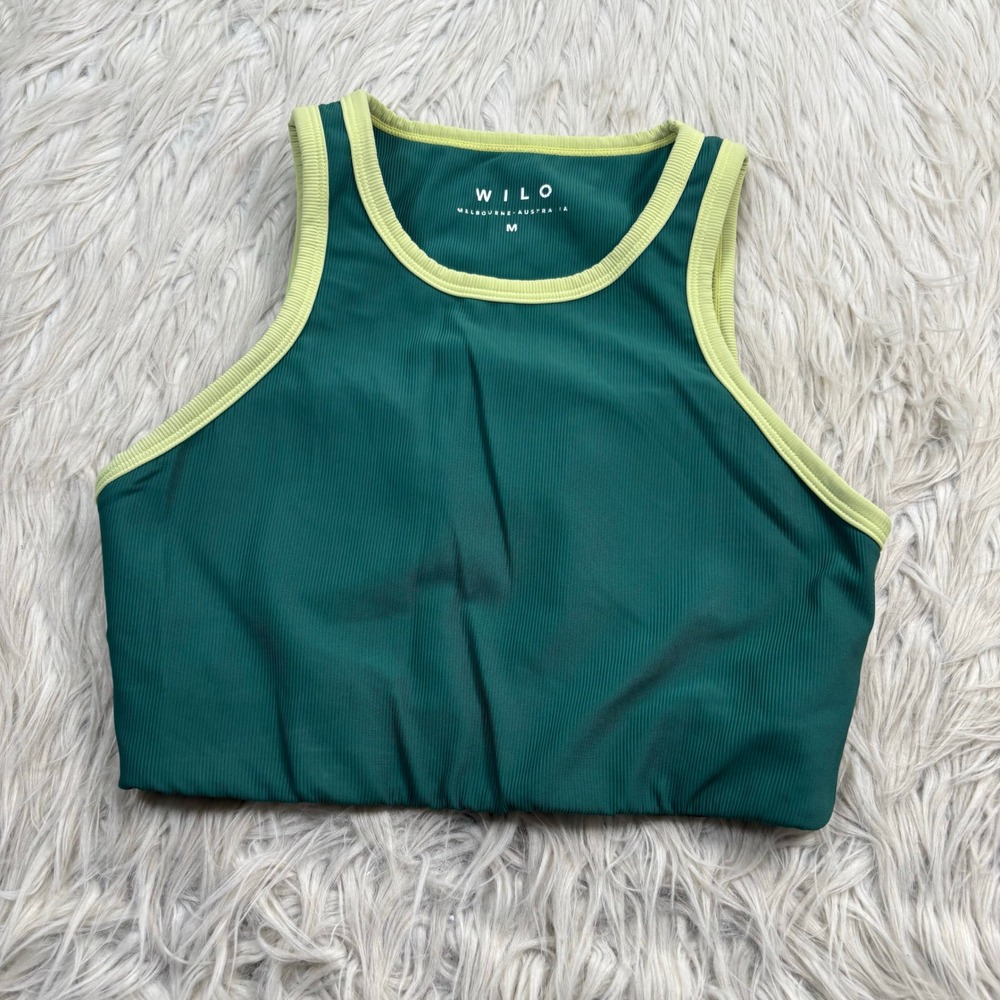 Wilo the Label Australia Women's M Green Ribbed High Neck Sports Bra Retro Gym